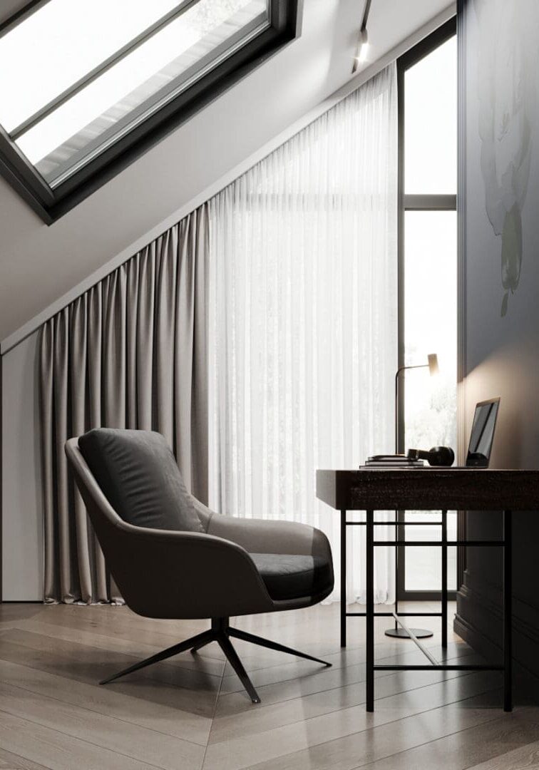 Modern workspace with sleek chair and desk under skylight.